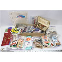 FLAT OF VINTAGE PATCHES, TICKETS, STAMPS AND MORE.