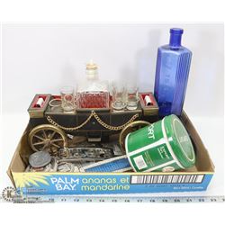 ASSORTED BELT BUCKLES & LIQUOR SET.