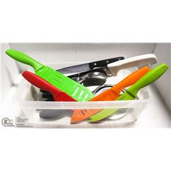 PLASTIC TOTE OF KNIVES & PIZZA CUTTERS -JA HENCKLS