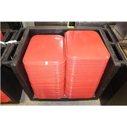 (ON CHOICE) PUSH CART FULL OF RED TRAYS