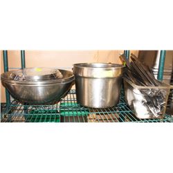 SHELF CONTAINING METAL BOWLS, SOUP INSERT, PLATES