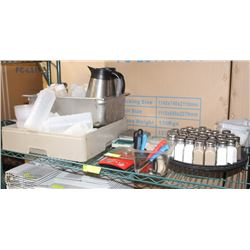 SHELF CONTAINING SAUCE BOTTLES, S+P SHAKERS,