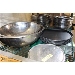 SHELF CONTAINING SERVER TRAYS, STAINLESS BOWLS