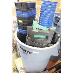 55 GALLON BRUTE BIN FULL OF SMALL GARBAGE BINS AND