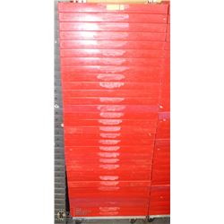 RED DRADER CART WITH APPROX 30 DRADER BREAD TRAYS