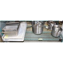 SHELF CONTAINING ASSORTED POTS, STAINLESS BOWLS