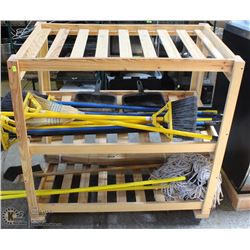 WOOD ROLLING DISPLAY SHELF WITH BROOMS AND MOP