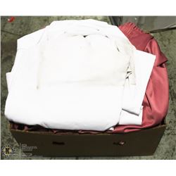 LARGE BOX OF TABLE CLOTHS AND SKIRTS