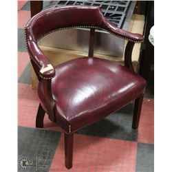 RED LEATHERETTE BRASS STUDDED CHAIR.