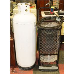 LARGE PROPANE TANK & HOSE EXTENSION & HEATER.