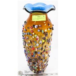 ART GLASS VASE WITH DECO SEA SHELLS - 14" H X 5"