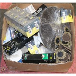 LARGE BOX OF ASSORTED GRINDING DISCS, LIGHT BULBS