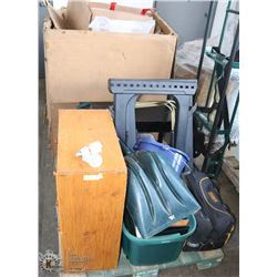 PALLET W/ DEWALT TOOL BAG, PIANO BENCH, PLASTIC