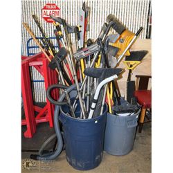 GROUP OF 3 GARBAGE CANS WITH CLEANING SUPPLIES