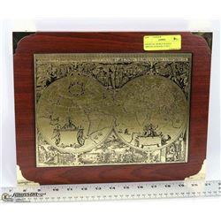 MEDIEVAL WORLD PLAQUE (BRONZE & WOOD) 13"X11".
