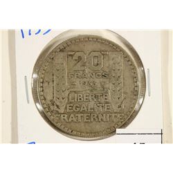 1933 FRANCE SILVER 20 FRANCS .4372 OZ. ASW