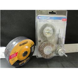 New 5 pack of Dewalt 1/4" grinding wheels / MasterCraft 4 piece wire brush
