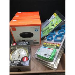 Flat of New Assorted Items / 3 CD Players / Mini glue gun / alarm clock &