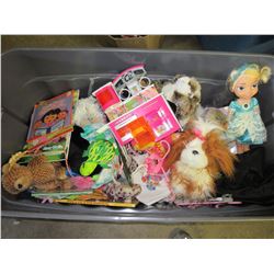 Large 4 foot bin full of Girls toys / books / dolls / stuffed animals & more