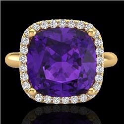 6 CTW Amethyst & Micro Pave Halo VS/SI Diamond Ring Solitaire 18K Yellow Gold - REF-56F8N - 23093