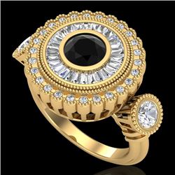 2.62 CTW Fancy Black Diamond Solitaire Art Deco 3 Stone Ring 18K Yellow Gold - REF-254K5W - 37921