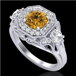 2.11 CTW Intense Fancy Yellow Diamond Art Deco 3 Stone Ring 18K White Gold - REF-283M6H - 38302