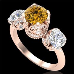 3 CTW Intense Yellow Diamond Solitaire Art Deco 3 Stone Ring 18K Rose Gold - REF-470K9W - 37435