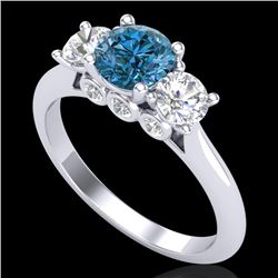 1.5 CTW Intense Blue Diamond Solitaire Art Deco 3 Stone Ring 18K White Gold - REF-174T5M - 38265