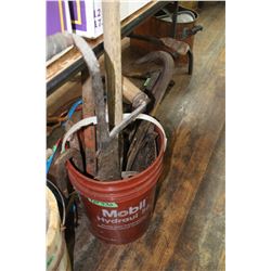 Mobil Hydraulic Oil Pail w/Old Wrenches, Blacksmithing Tools, Block Pulley, Hay Knife, Potota Fork, 