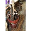 Image 1 : Mobil Hydraulic Oil Pail w/Old Wrenches, Blacksmithing Tools, Block Pulley, Hay Knife, Potota Fork, 