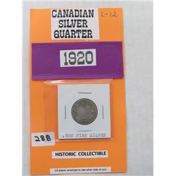 1920 Cndn Silver 25¢ historic collectible