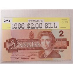 1986 Cndn $2 Banknote, UC Last year of issue