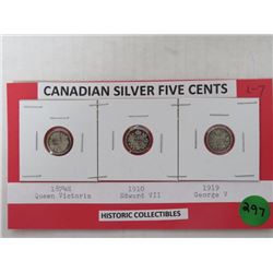 Canadian Silver 5¢ 1874  Queen Victoria, 1910 Edward VII and 1919 George V - historic collectible