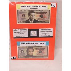 2 Souvenir JF Kennedy & Johnny Cash 1 Million Dollar Fund Bills