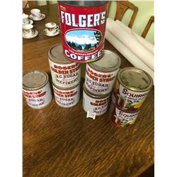 2 Squirrel tins, 5 syrup, coffee tins