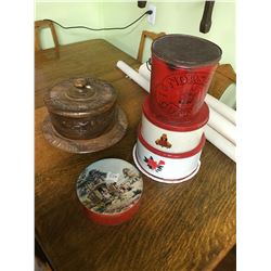 Wooden Cake plate, 3 cannisters, Norse coffee tin