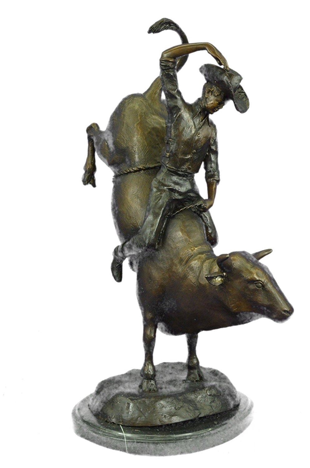 Rodeo Cowboy Bronze Sculpture on Marble Base Statue