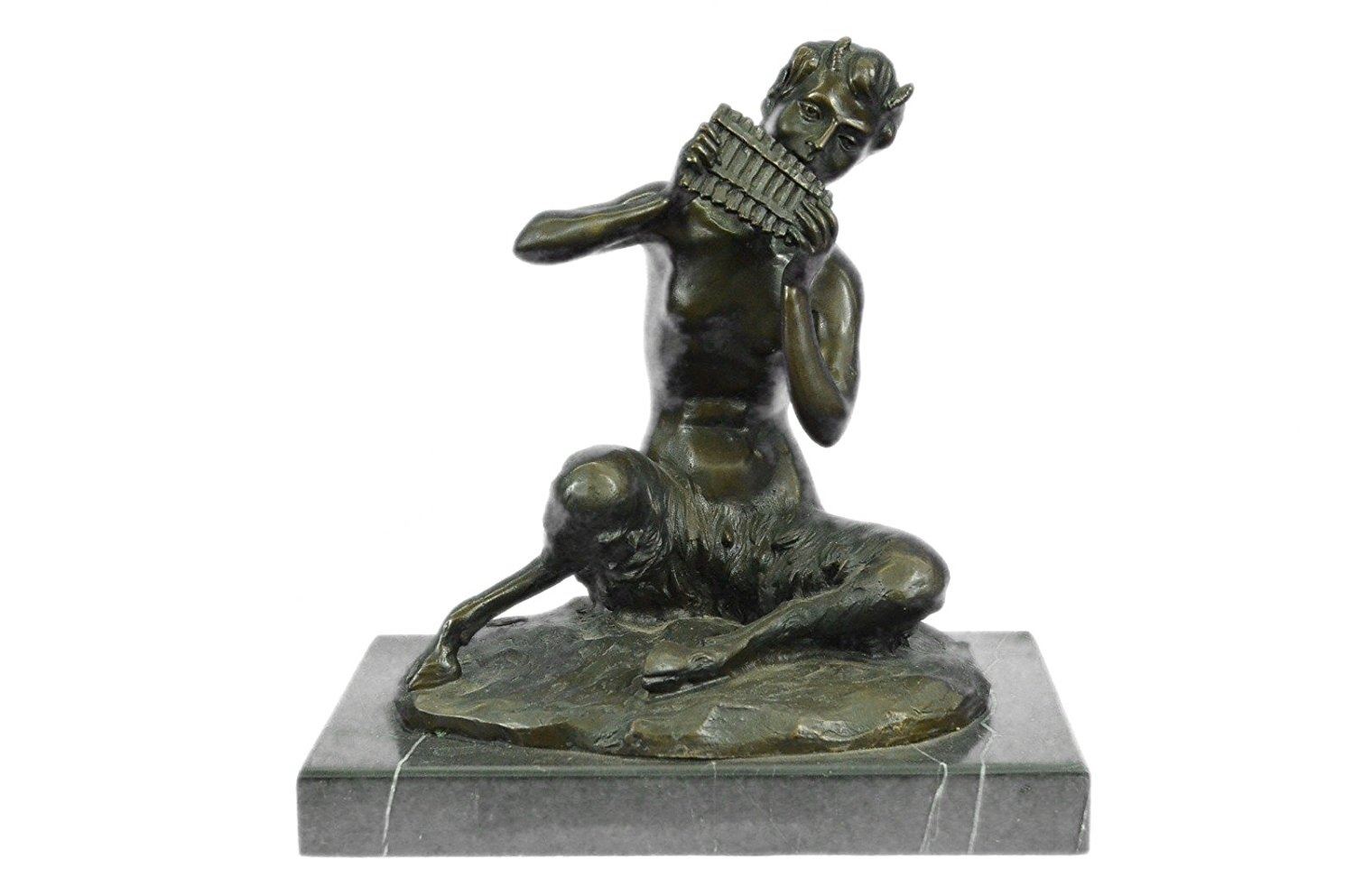 Satyr Plays a Flute Pipe Bronze Statue
