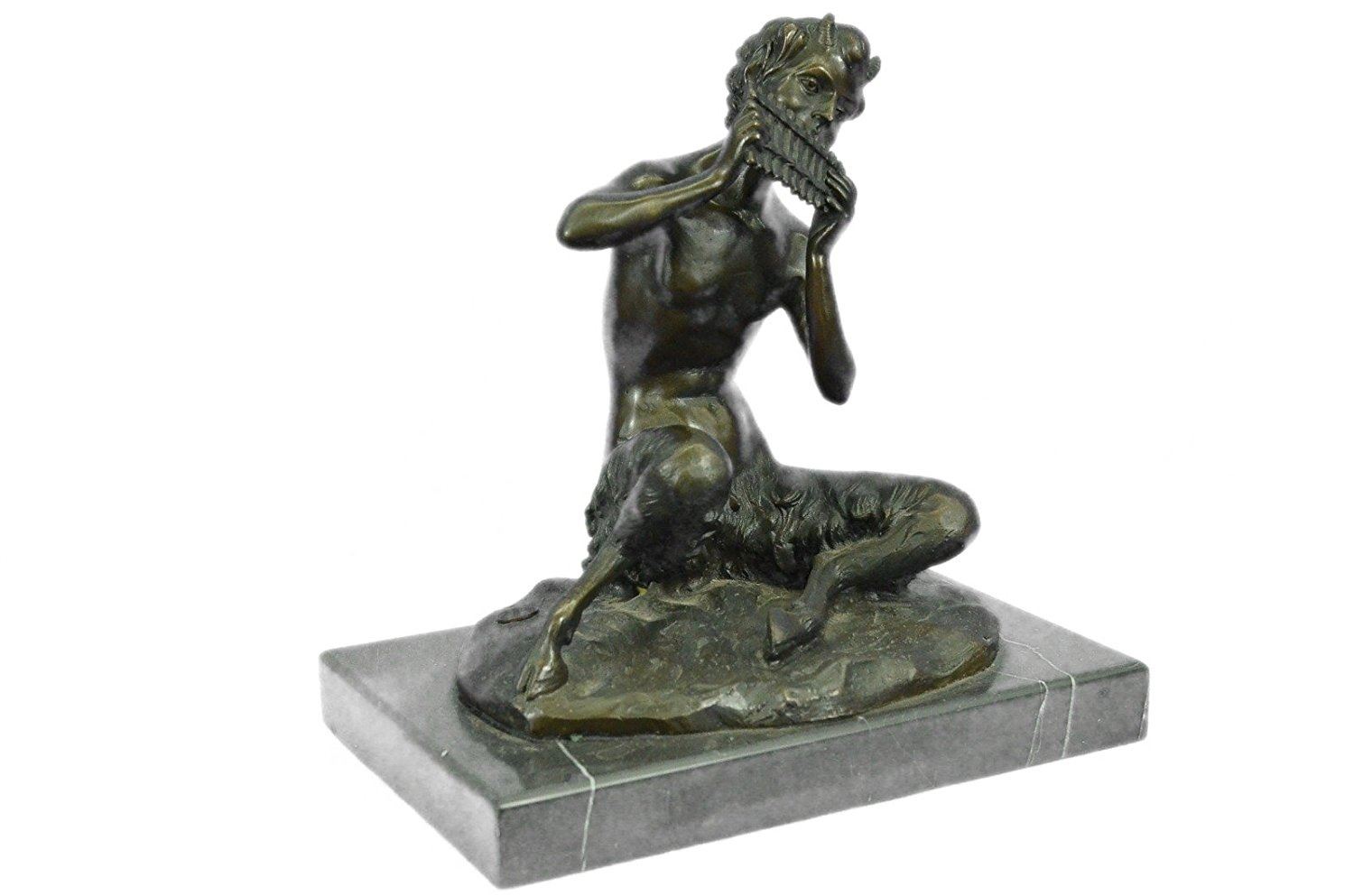 Satyr Plays a Flute Pipe Bronze Statue