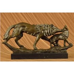 Wolf protecting her cub Bronze Sculpture on Marble Base Statue