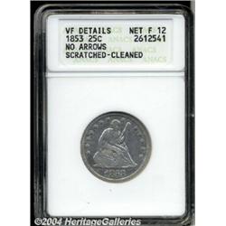 1853[25C] No Arrows--Scratched, Cleaned--ANACS. VF Details, Net Fine 12.
