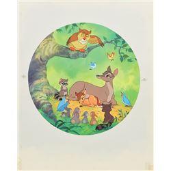 Bambi, Bambi's mother, Friend Owl, and others watercolor painting for a Disney collector's plate