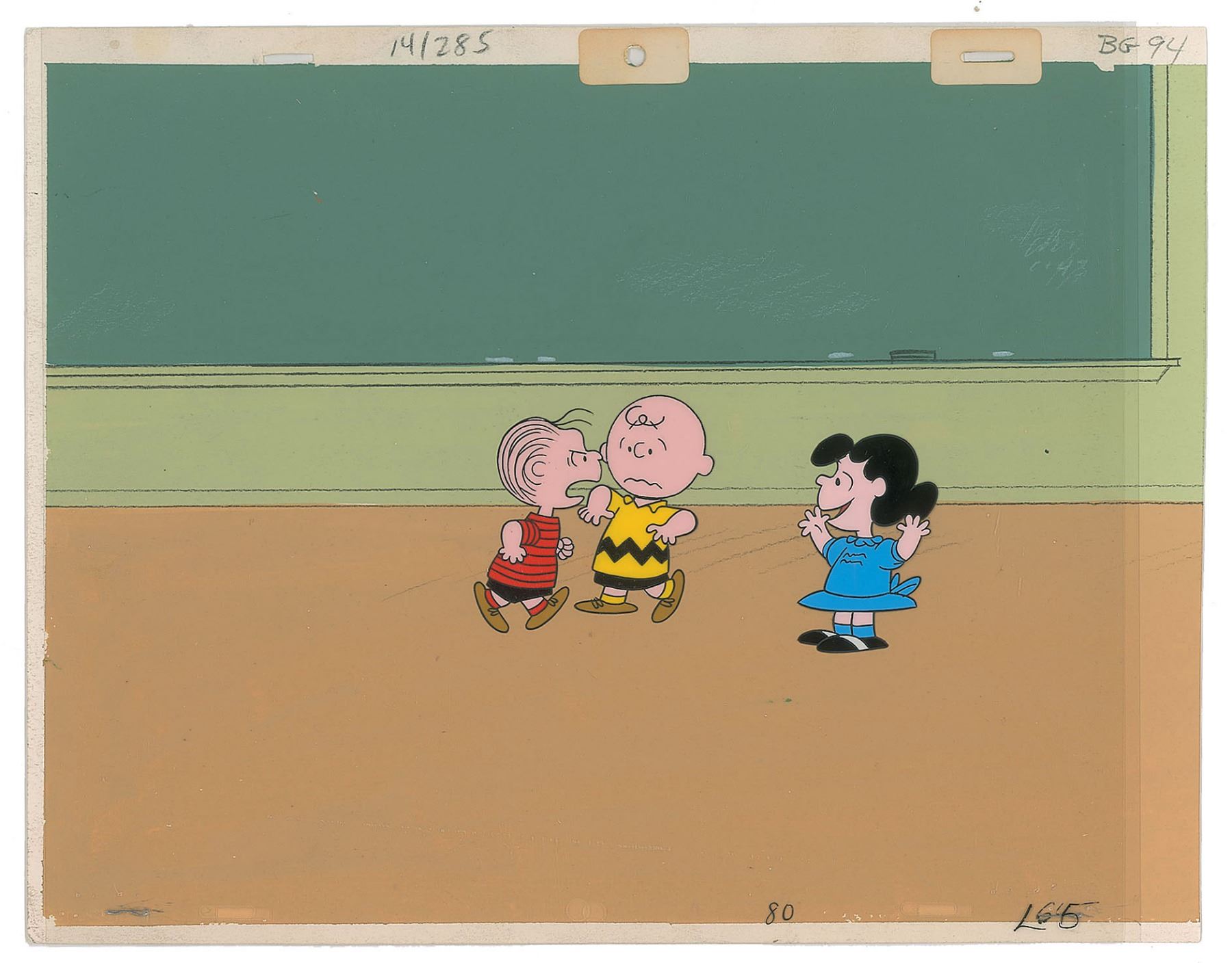 Charlie Brown, Lucy, and Linus production cels from a Peanuts cartoon
