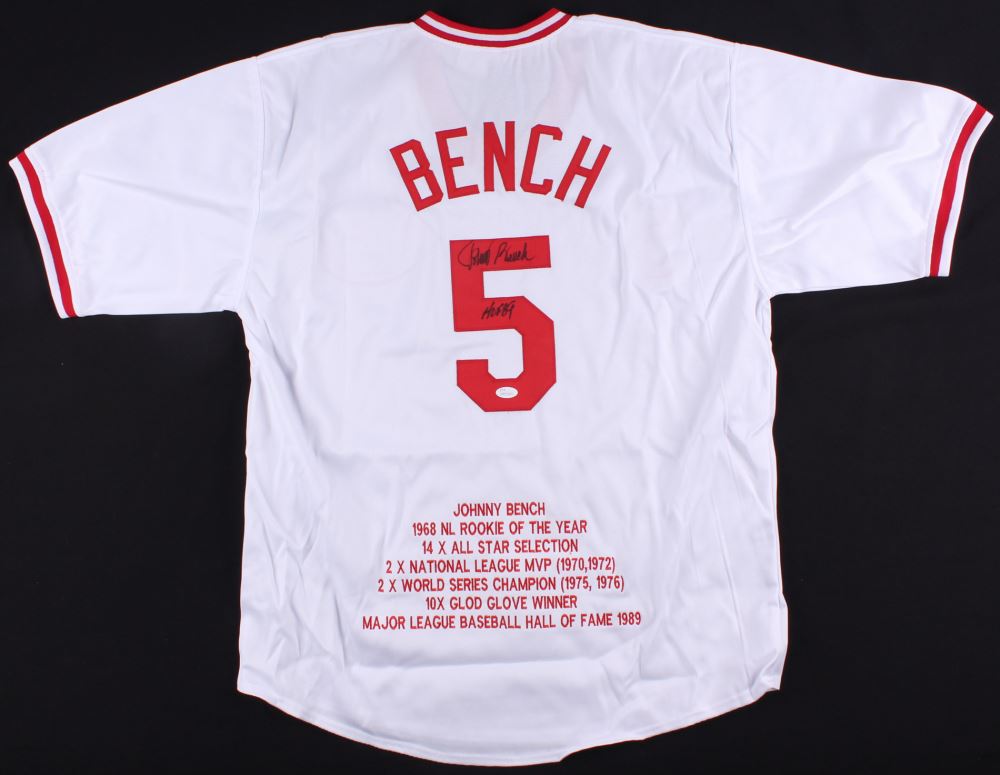 Johnny Bench Signed Reds Career Highlight Stat Jersey Inscribed