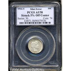 1916-S[10C] Barber Dime--Struck 5% Off Center--AU58 PCGS.