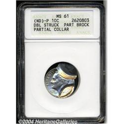 Undated Roosevelt Dime[10C]--Double Struck, Partial Brockage, Partial Collar--MS61 ANACS.