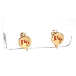 Christian Dior Gold Tone Bottle Cap Clip On Earrings