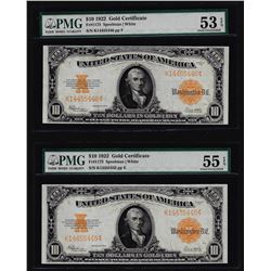 Lot of (2) Consecutive 1922 $10 Gold Certificate Notes PMG About Uncirculated 53