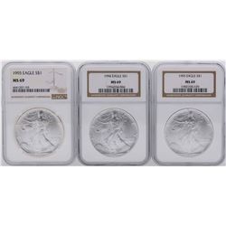 Lot of 1993-1995 $1 American Silver Eagle Coins NGC MS69