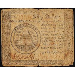 September 26, 1778 $50 Continental Currency Note